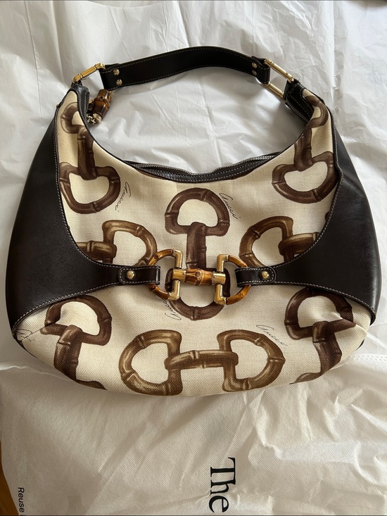 Gucci Handbags - Gucci Bamboo Horsebit Canvas Shoulder Bag with Bamboo Accent